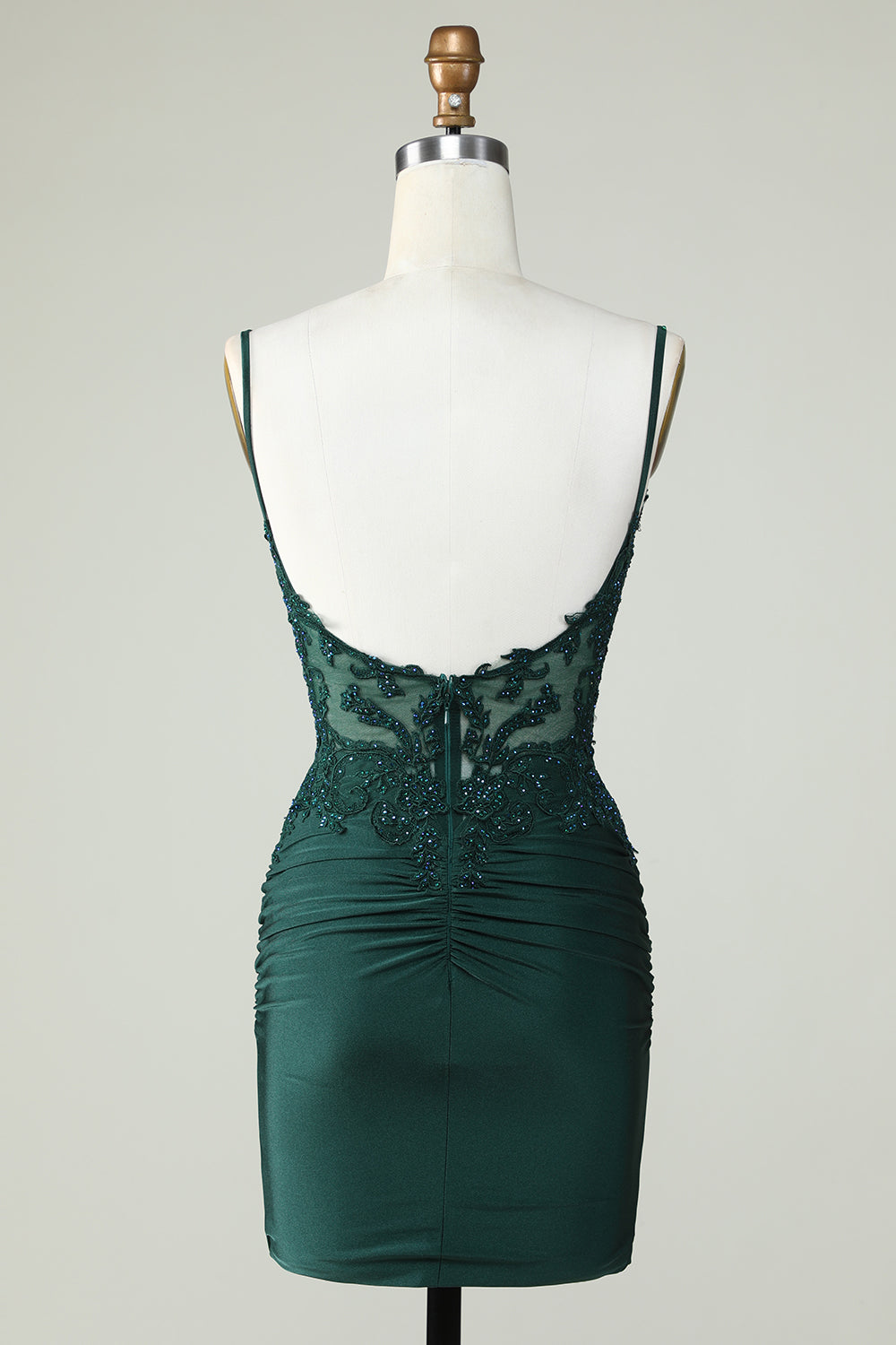 Figurbetontes dunkelgrünes Homecoming-Kleid mit Spaghettiträgern und Korsett und Perlen
