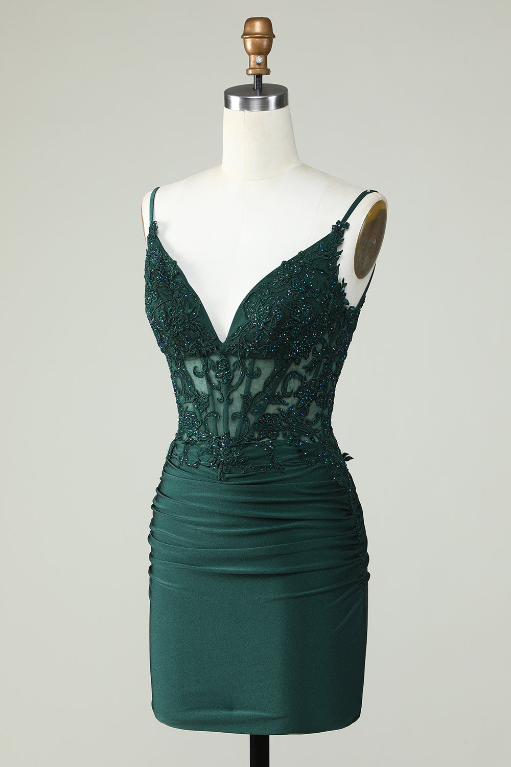Figurbetontes dunkelgrünes Homecoming-Kleid mit Spaghettiträgern und Korsett und Perlen