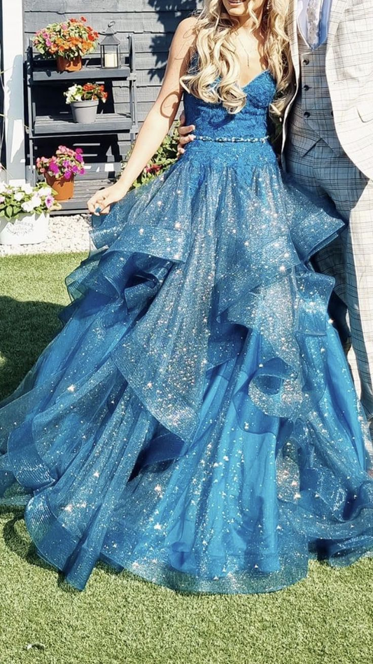 Glänzend Blau V-Ausschnitt Tüll Applikationen Pailletten Langes Ballkleid Spaghettiträger Abendkleid Y8051