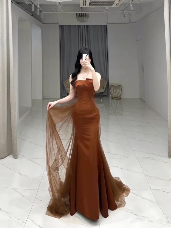 Elegante vestido de noche largo de sirena sin tirantes, vestido formal Y2068