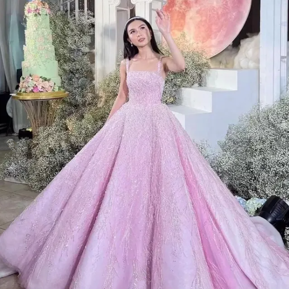 Neue Ankunft Rosa Träger Pailletten Perlen Lange Ballkleid Formale Anlass Kleider Y4918