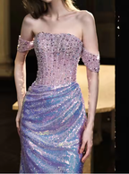Glitzerndes, schulterfreies, perlenbesetztes, paillettenbesetztes Meerjungfrau-Abschlussball-Abendkleid in Lila Y8182