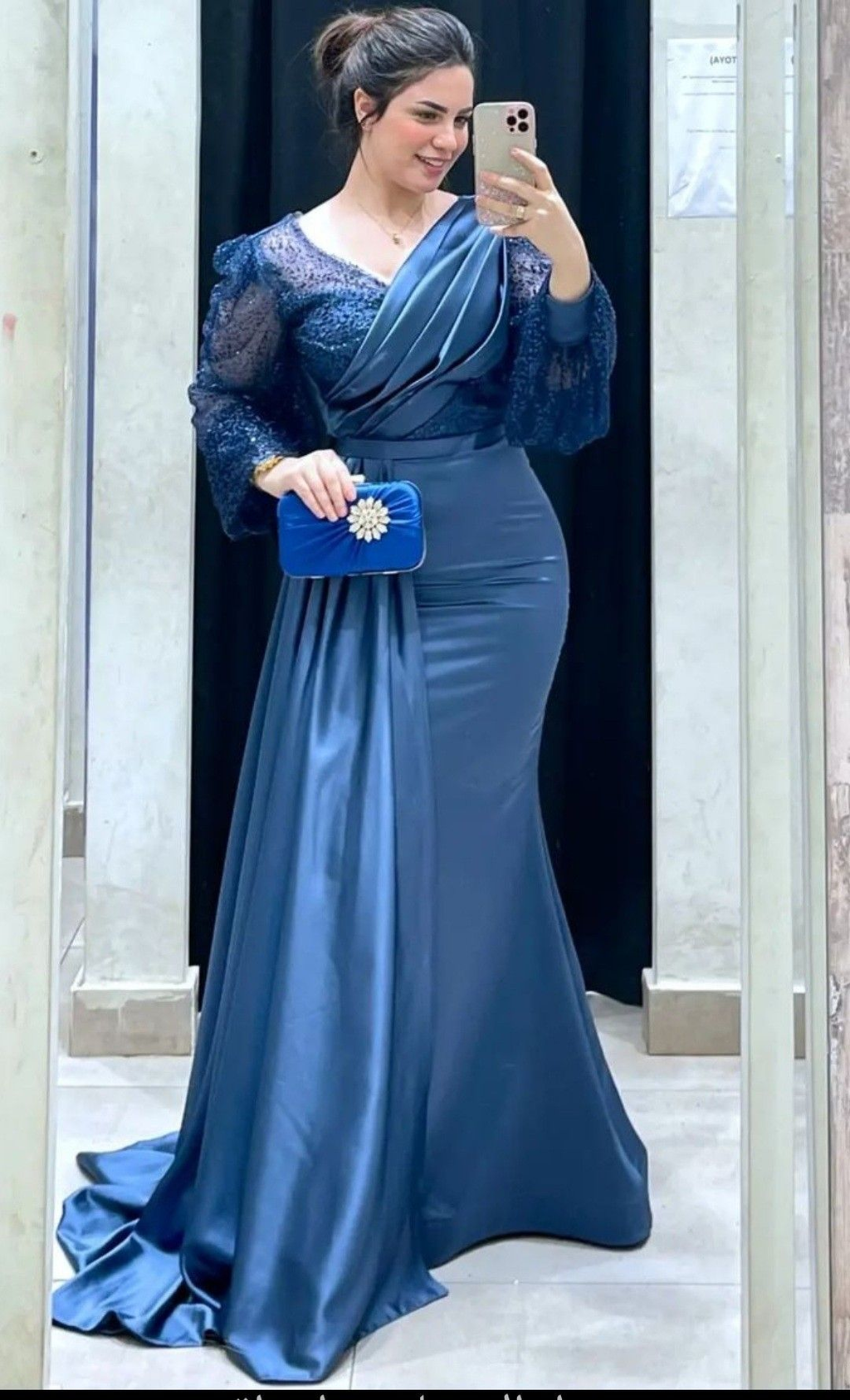 Elegantes Meerjungfrau-Abendkleid für Damen, V-Ausschnitt, lange Ärmel, Schleppe, Seitenschlitz, plissiert, für Hochzeit, Party, formelles Kleid, Y4957