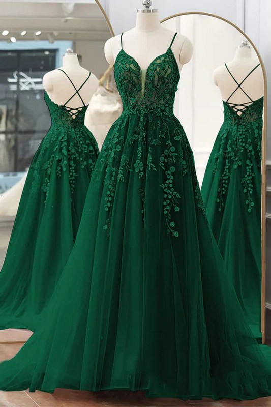 Hübsches langes Ballkleid mit V-Ausschnitt und grüner Spitze und Blumenmuster, A-Linie, formelle Abendkleider aus Tüll Y4251