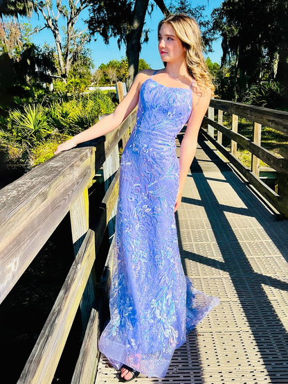 Vestido de noche largo con escote sirena, tirantes finos, encaje lila y lentejuelas, Y8235