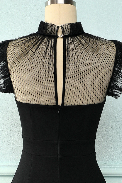 Vestido de noche corto ajustado con cuello alto y corte sirena negro Y5066
