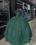 Vestido de quinceañera verde oscuro con apliques de encaje y flores 3D para fiesta de cumpleaños Y4254