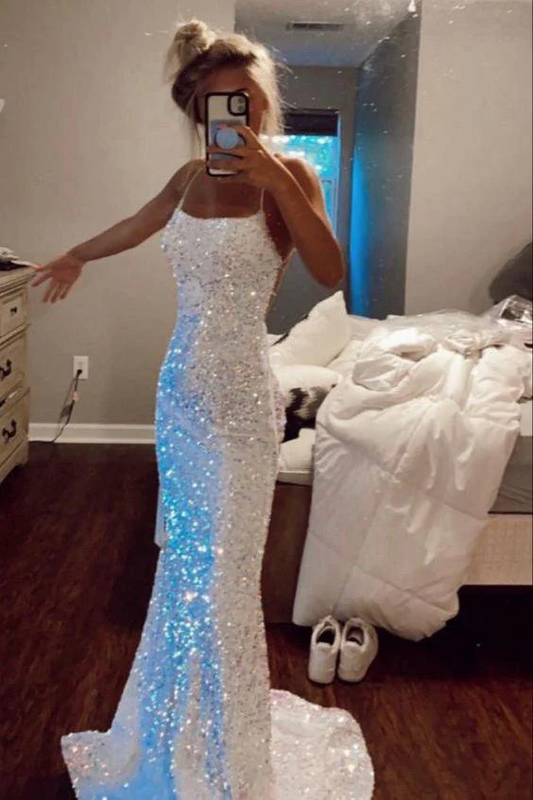 Glitzerndes Meerjungfrau-Abendkleid mit Spaghettiträgern und weißen Pailletten Y8071