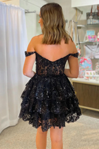 Vestido de fiesta con hombros descubiertos, corsé transparente, volantes escalonados Y2602