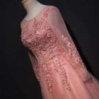 Schickes A-Linien-Abendkleid mit U-Ausschnitt und Bodenlänge, rosa Tüll-Applikationen, Y1177