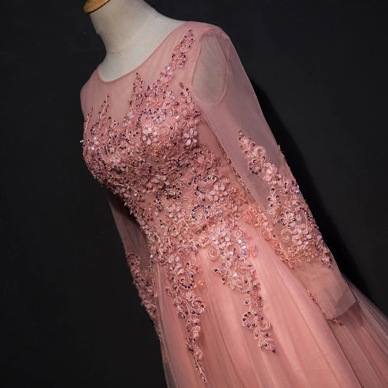 Schickes A-Linien-Abendkleid mit U-Ausschnitt und Bodenlänge, rosa Tüll-Applikationen, Y1177
