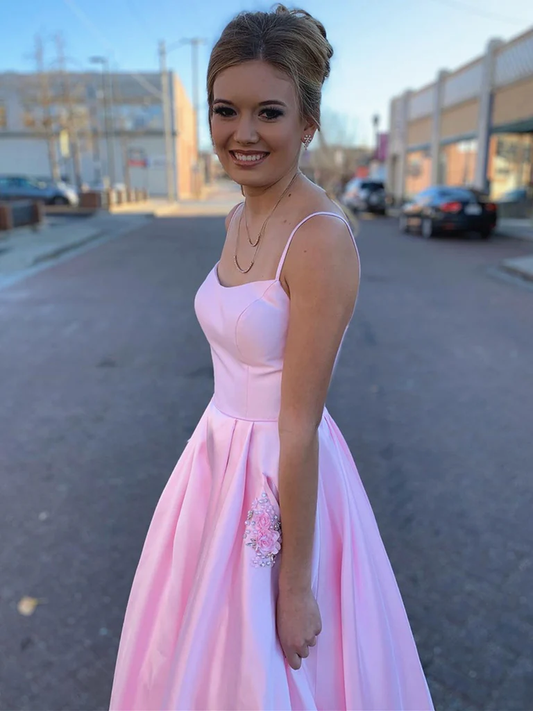 Vestido de fiesta de satén rosa con bolsillos, vestido de noche formal largo de satén rosa Y237