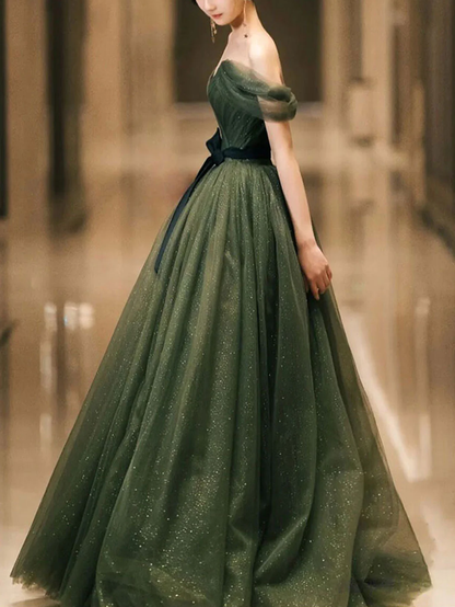 Einfaches langes Ballkleid aus grünem Tüll, Abendkleid aus grünem Tüll Y1554