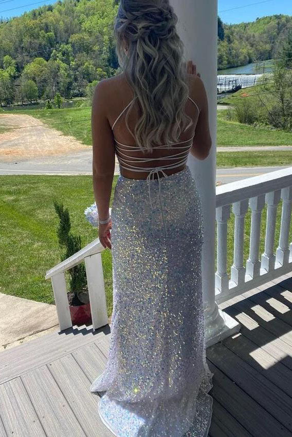 Glitzerndes Meerjungfrau-Abendkleid mit Spaghettiträgern und weißen Pailletten Y8071