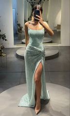 Vestido de fiesta de sirena con lentejuelas y abertura alta, sexy, sin tirantes, Y1611
