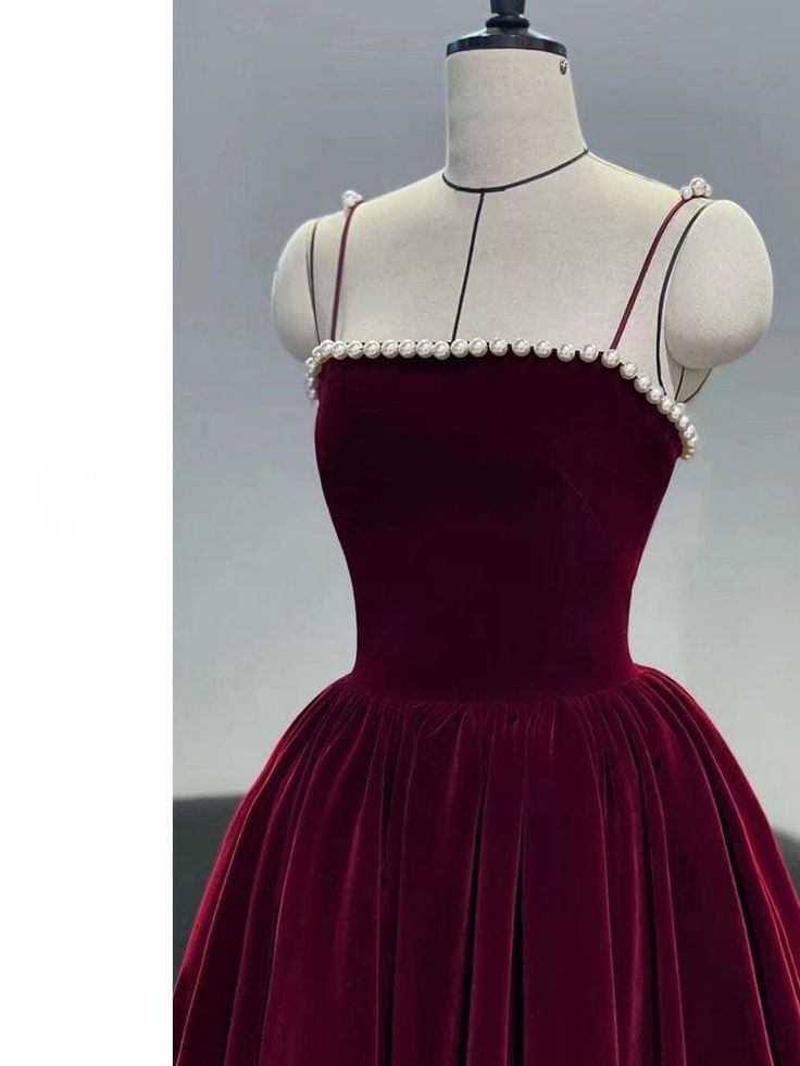 Vestido de fiesta de terciopelo burdeos con cuentas y tirantes finos, vestido de noche de longitud media Y4631