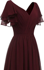 Brautjungfernkleid mit Blattärmeln und V-Ausschnitt, Chiffon, lang, formelles Hochzeitsabendkleid Y1206