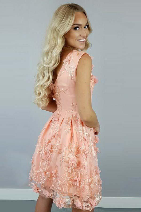 A-Linie Bateau Koralle Satin Homecoming Kleid mit Blumen Applikationen PD112