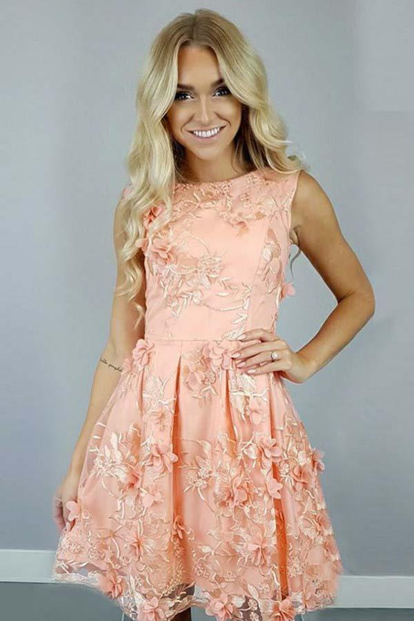 A-Linie Bateau Koralle Satin Homecoming Kleid mit Blumen Applikationen PD112