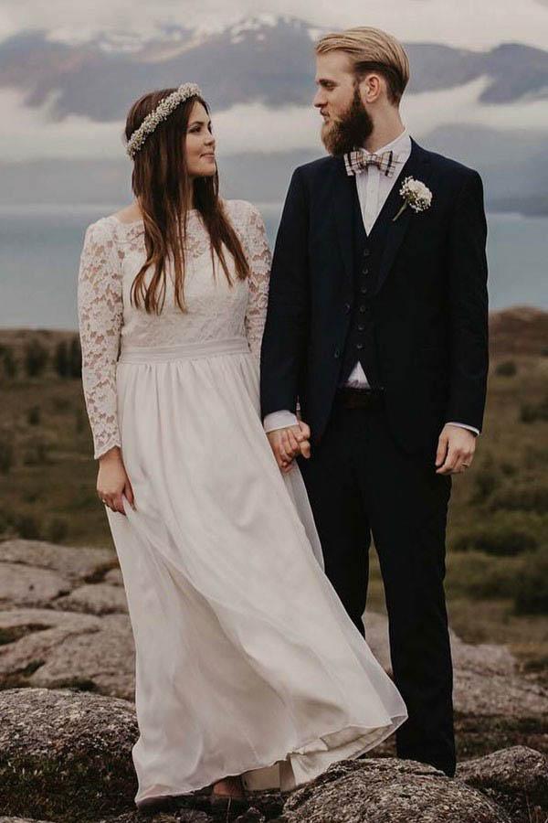 A-Linie Bateau Bodenlanges Chiffon-Brautkleid mit langen Ärmeln WD319