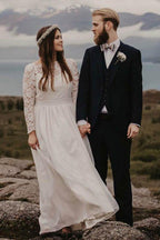 A-Linie Bateau Bodenlanges Chiffon-Brautkleid mit langen Ärmeln WD319