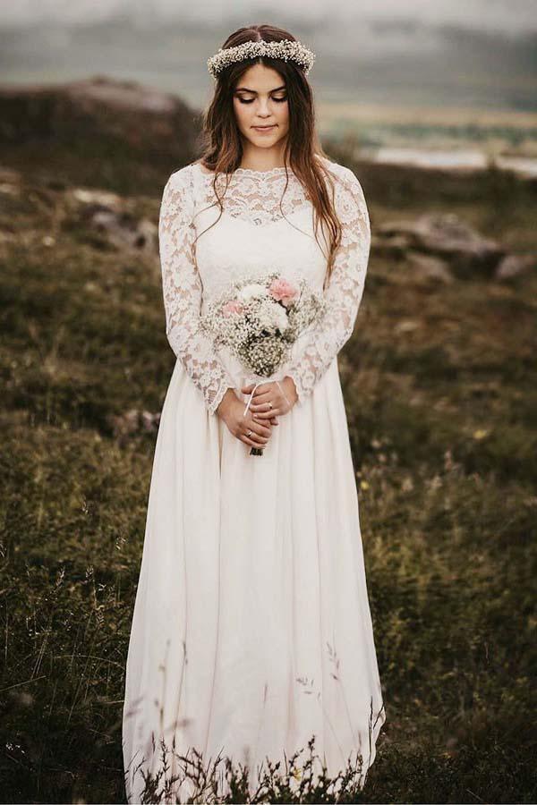 A-Linie Bateau Bodenlanges Chiffon-Brautkleid mit langen Ärmeln WD319