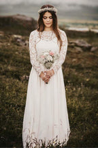 A-Linie Bateau Bodenlanges Chiffon-Brautkleid mit langen Ärmeln WD319