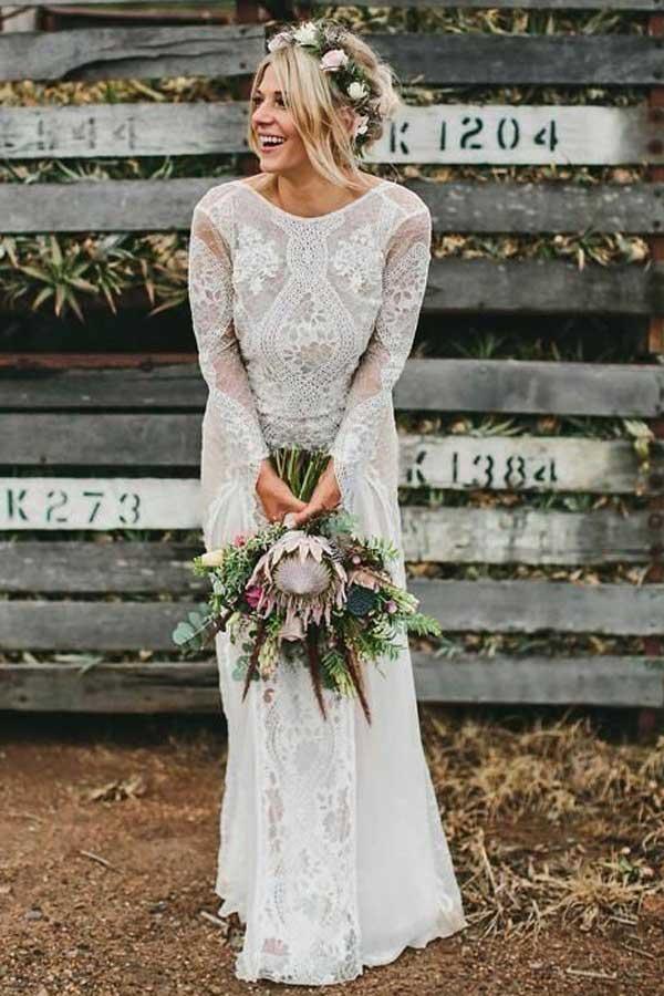 Vestido de novia de gasa con escote barco, mangas largas y espalda descubierta, con encaje WD365