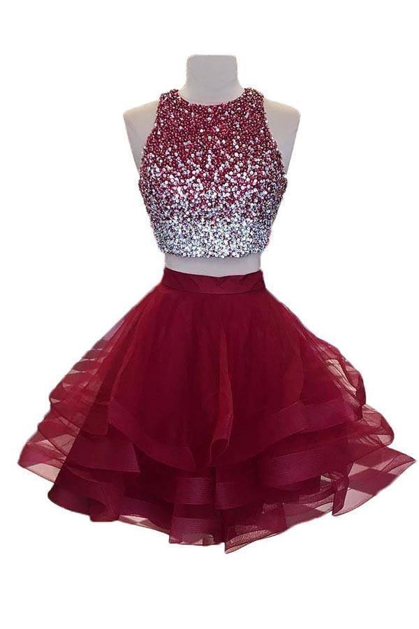 A-Linie Perlenbesetztes Top Burgunder Organza Zweiteiliges Homecoming-Kleid PD170