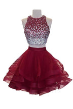 A-Linie Perlenbesetztes Top Burgunder Organza Zweiteiliges Homecoming-Kleid PD170