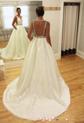 Vestido de novia de corte A, sin mangas, con escote en V y cuentas, con cola larga WD050