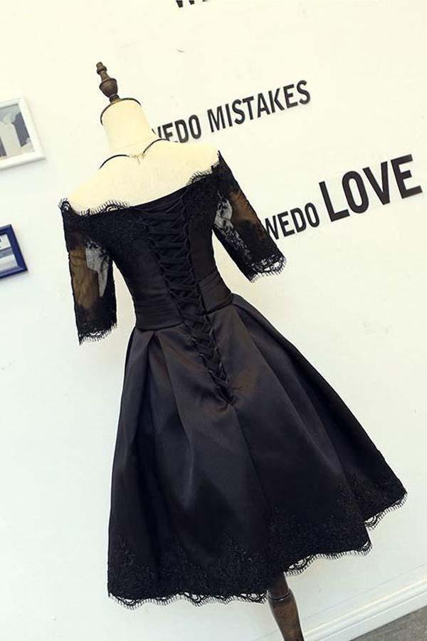 Vestidos de fiesta negros de corte A y manga corta con apliques de encaje PD134