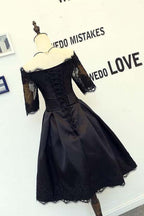 Vestidos de fiesta negros de corte A y manga corta con apliques de encaje PD134