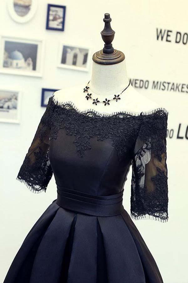 Vestidos de fiesta negros de corte A y manga corta con apliques de encaje PD134