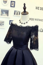 Vestidos de fiesta negros de corte A y manga corta con apliques de encaje PD134