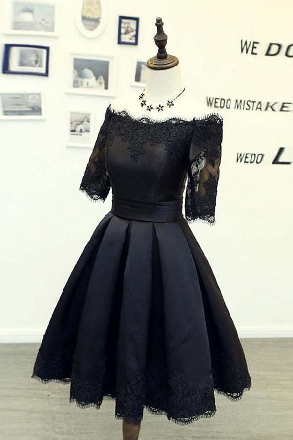 Vestidos de fiesta negros de corte A y manga corta con apliques de encaje PD134