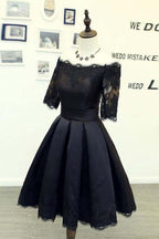 Vestidos de fiesta negros de corte A y manga corta con apliques de encaje PD134