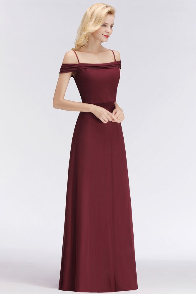 Vestido de dama de honor burdeos de corte A con hombros descubiertos y largo hasta el suelo para fiesta