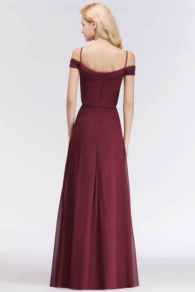 Vestido de dama de honor burdeos de corte A con hombros descubiertos y largo hasta el suelo para fiesta