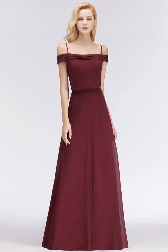Vestido de dama de honor burdeos de corte A con hombros descubiertos y largo hasta el suelo para fiesta