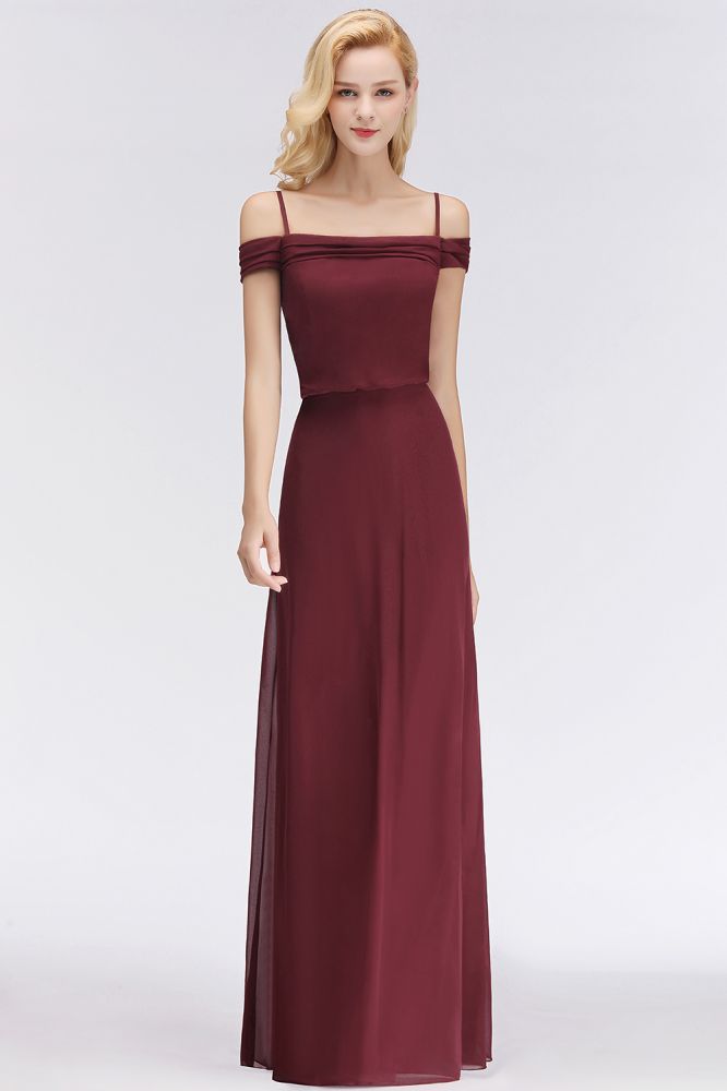Vestido de dama de honor burdeos de corte A con hombros descubiertos y largo hasta el suelo para fiesta
