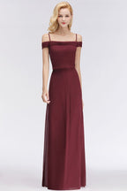 Vestido de dama de honor burdeos de corte A con hombros descubiertos y largo hasta el suelo para fiesta