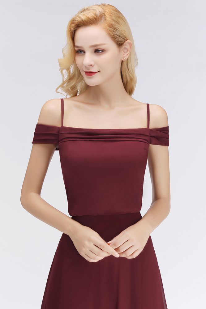 Vestido de dama de honor burdeos de corte A con hombros descubiertos y largo hasta el suelo para fiesta