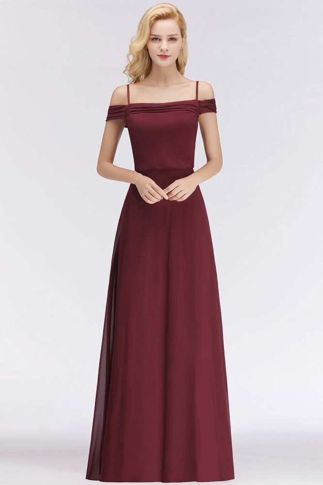 Vestido de dama de honor burdeos de corte A con hombros descubiertos y largo hasta el suelo para fiesta