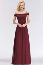 Vestido de dama de honor burdeos de corte A con hombros descubiertos y largo hasta el suelo para fiesta