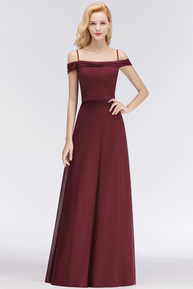 Vestido de dama de honor burdeos de corte A con hombros descubiertos y largo hasta el suelo para fiesta