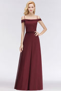 Vestido de dama de honor burdeos de corte A con hombros descubiertos y largo hasta el suelo para fiesta