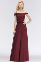 Vestido de dama de honor burdeos de corte A con hombros descubiertos y largo hasta el suelo para fiesta