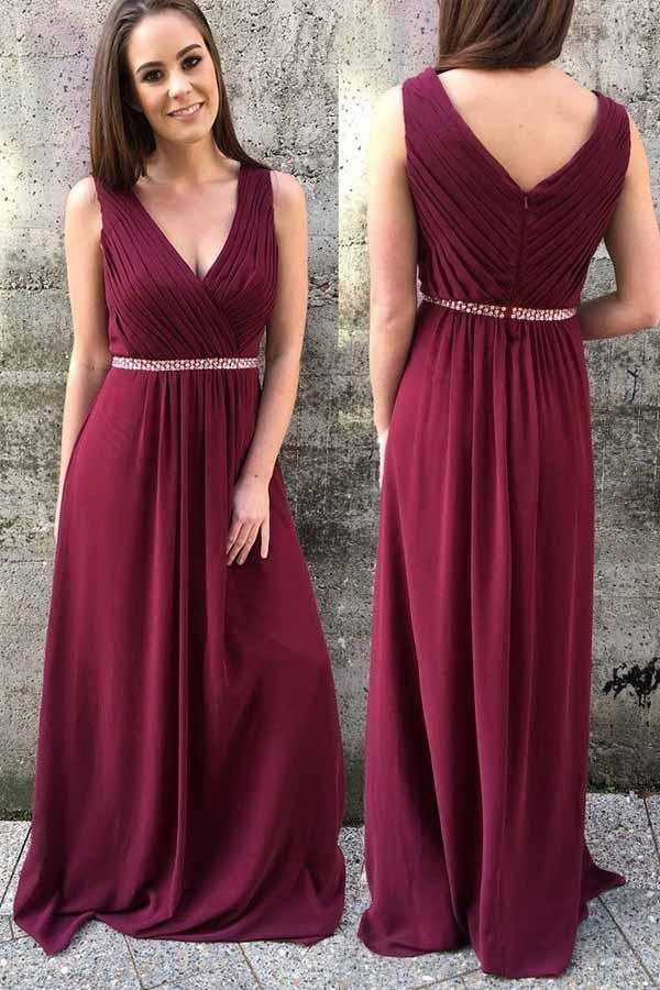 Vestidos de fiesta largos de gasa burdeos con corte en A para dama de honor BD059