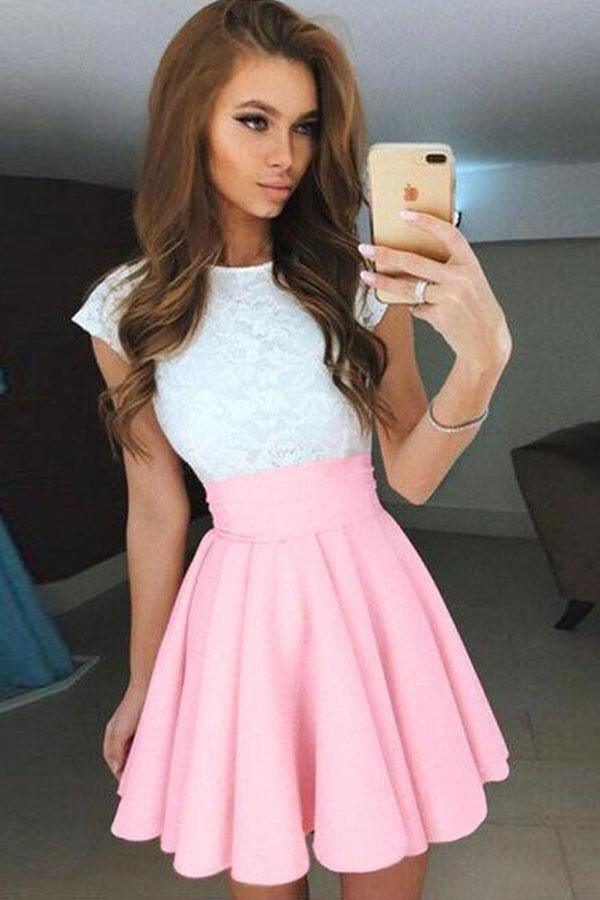 A-Linie Kurzes Chiffon-Heimkehrkleid mit Flügelärmeln und Spitze in Perlenrosa PD092